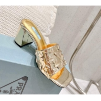 Trendy Design Prada Metallic Leather Heel Slide Sandals 5cm with Triangle Charm Gold 020948