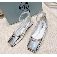 New Style Prada Metallic Leather Ballerinas Flat Silver 020952