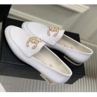 Most Popular Chanel Lambskin Loafers with Chain CC G39438 White