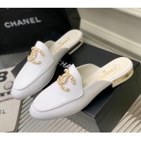 Good Quality Chanel Lambskin Mules with Chain CC G39438 White