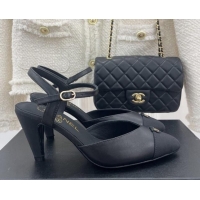 Popular Style Chanel Lambskin Medium Heel Sandals with CC Tag 7cm Black 122242 