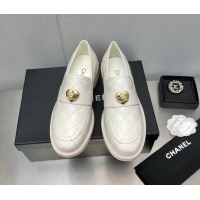 Best Grade Chanel Quilted Calfskin Loafers with Love Charm 6cm G39697 White