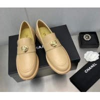 Low Price Chanel Calfskin Loafers with Love Charm 6cm G39697 Beige