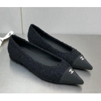 Good Looking Chanel Tweed & Grosgrain Ballerinas with Crystal CC Black 122269