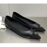 Stylish Chanel Lambskin & Grosgrain Ballerinas with Crystal CC Black 122270