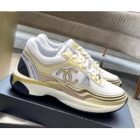 Best Price Chanel Mesh & Laminated Leather Sneakers G39792 White/Gold 122277