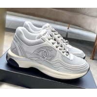 Unique Style Chanel Mesh & Laminated Leather Sneakers G39792 Light Gray/Silver 122278