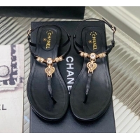 Popular Style Chanel Lambskin Flat Sandals with Love Charm G39674 Black 122750