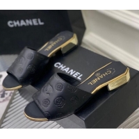 Best Product Chanel Camellia Embossed Calfskin Slide Sandals Black 122806