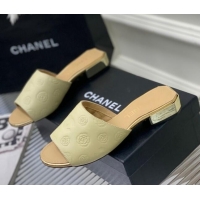 Low Price Chanel Camellia Embossed Calfskin Slide Sandals Yellow 122807