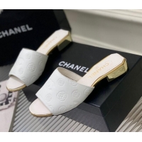 Best Grade Chanel Camellia Embossed Calfskin Slide Sandals White 122808