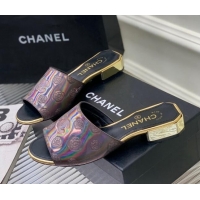 Popular Style Chanel Camellia Embossed Calfskin Slide Sandals Purple 122809