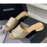 Charming Chanel Camellia Embossed Calfskin Slide Sandals Gold 122810