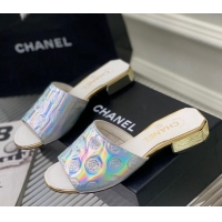 Classic Hot Chanel Camellia Embossed Calfskin Slide Sandals Silver 122811