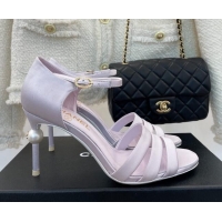 Luxury Chanel Silk High Heel Sandals 8.5cm with Pearl Light Purple 122817