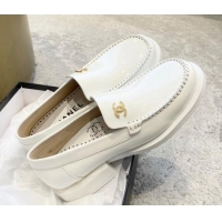 Top Design Chanel Patent Leather Loafers with Pearl CC White 122818