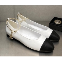 Top Design Chanel Shiny Lambskin Ballerinas with Pearls G38986 White