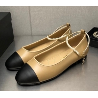 Shop Duplicate Chanel Shiny Lambskin Ballerinas with Pearls G38986 Beige