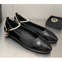 Best Product Chanel Shiny Lambskin Ballerinas with Pearls G38986 Black