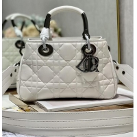 Good Product LADY DIOR TOP HANDLE MEDIUM BAG Latte Cannage Lambskin C9227 WHITE&BLACK