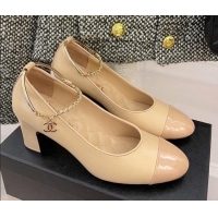 Good Quality Chanel Lambskin and Patent Leather Pumps with Chain Beige 122832