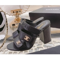 Stylish Chanel Lambskin Embroidered Strap Slide Sandals with CC Stud Black 122988