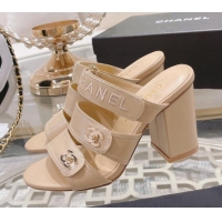 Popular Style Chanel Lambskin Embroidered Strap Slide Sandals with CC Stud Nude 122989