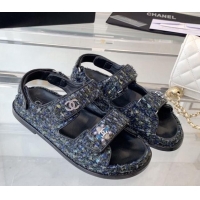 Good Looking Chanel Iridescent Tweed Strap Flat Sandals G35927 Navy Blue 229114