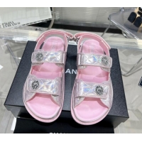 Good Looking Chanel Iridescent Leather Strap Flat Sandals with Coin Charm G35927 Pink 012922