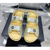 Most Popular Chanel Iridescent Leather Strap Flat Sandals with Coin Charm G35927 Yellow 012923