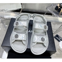 Sumptuous Chanel Iridescent Leather Strap Flat Sandals G35927 Silver 012924