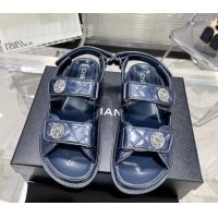 Duplicate Chanel Iridescent Leather Strap Flat Sandals with Coin Charm G35927 Blue 012925