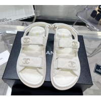 Top Design Chanel Suede Strap Flat Sandals with Crystal CC G35927 White 012932