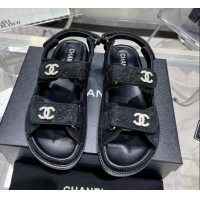 Low Price Chanel Suede Strap Flat Sandals with Crystal CC G35927 Black 012933