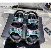 Best Price Chanel CC Print Leather Strap Flat Sandals G35927 Pink/Green 012934