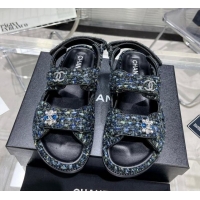 Best Grade Chanel Iridescent Tweed Strap Flat Sandals with Bloom G35927 Navy Blue 012938