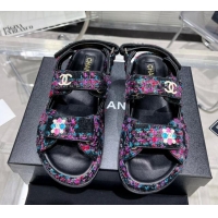 Good Product Chanel Tweed Strap Flat Sandals with Bloom G35927 Pink/Multicolor 012939