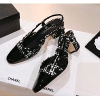 Stylish Chanel Glittered Tweed & Patent Calfskin Slingback Pumps 6.5cm G31318 Black/White