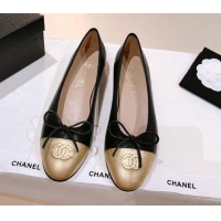 Purchase Chanel Leather Ballerinas Flat with Bow G02819 Black/Gold 012950