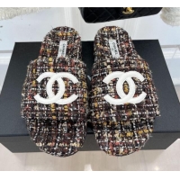 Good Product Chanel CC Tweed Flat Slide Sandals Multicolor 012960