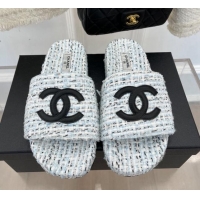 Luxurious Chanel CC Tweed Flat Slide Sandals Blue 012961