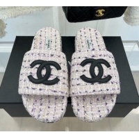 Durable Chanel CC Tweed Flat Slide Sandals Purple 012962