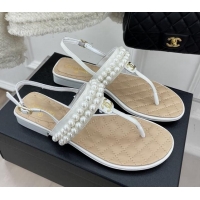 Duplicate Chanel Lambskin Thong Sandals with Pearls White 012964