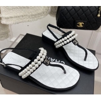 Fashion Chanel Lambskin Thong Sandals with Pearls Black  012965