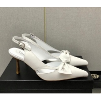 Discount Chanel Calfskin Slingback Pumps 7cm with Bow White 020733