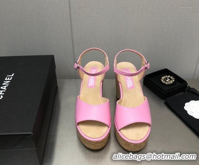 Discount Chanel Calfskin Wedge Platform Sandals 8cm Pink 020737