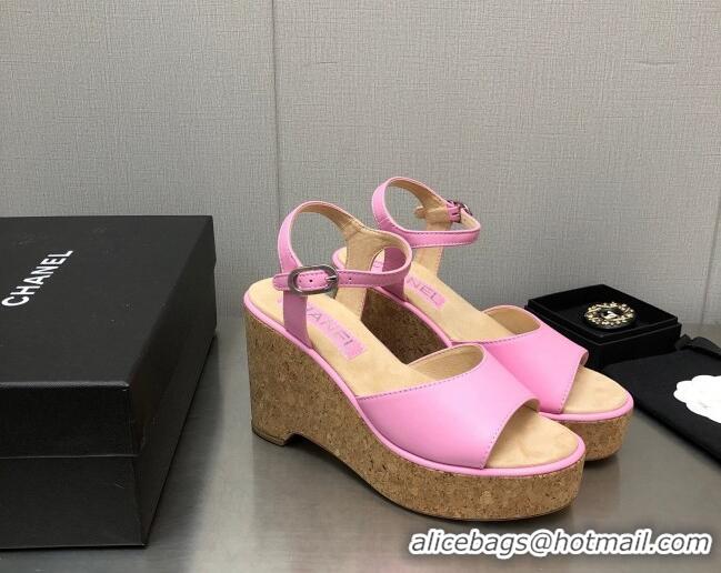 Discount Chanel Calfskin Wedge Platform Sandals 8cm Pink 020737