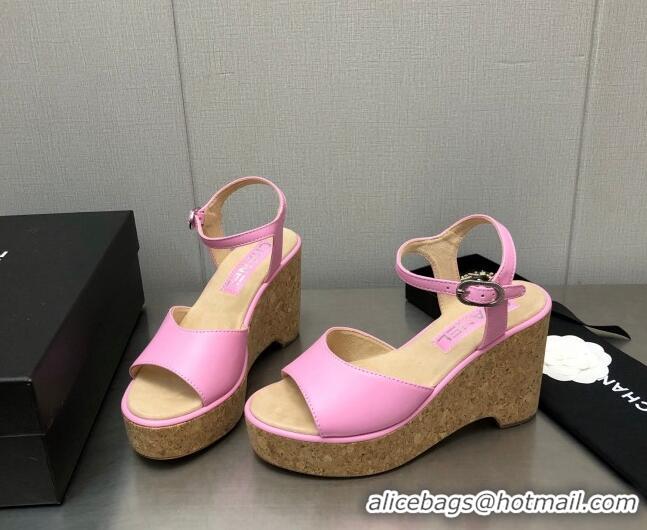 Discount Chanel Calfskin Wedge Platform Sandals 8cm Pink 020737