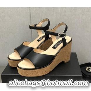 Sumptuous Chanel Calfskin Wedge Platform Sandals 8cm Black 020738