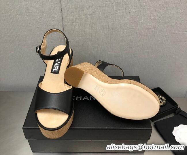 Sumptuous Chanel Calfskin Wedge Platform Sandals 8cm Black 020738